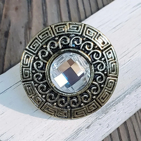 Y2K Bronze Clear Faceted Crystal Round Greek Key Cocktail Ring Vintage Grunge - Picture 3 of 9